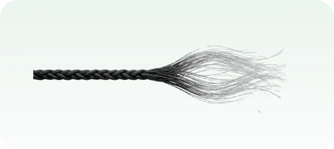 Render of a braided black cord fraying out into dozens of loose silver strands — institutional knowledge walking out.