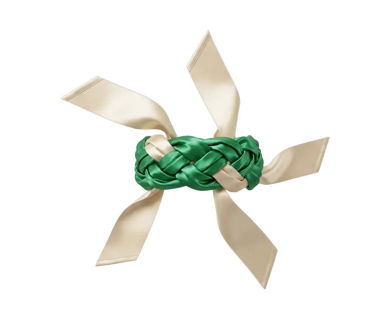 Five cream silk ribbons spiraling into a single green knot